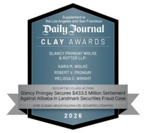 Daily Journal 2026 California Lawyer of the Year (CLAY) Award badge for Glancy Prongay Wolke & Rotter LLP